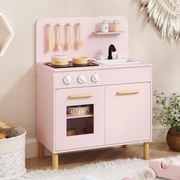 Conjunto de cozinha de brincar para crianças em madeira com luzes, sons, fogão, lava-loiça, forno e acessórios Cozinha para crianças Rosa