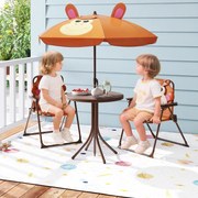 Conjunto de piquenique para crianças 3-6 anos Mesa de atividades ao ar livre com 2 cadeiras dobráveis e guarda-sol ajustável em altura Castanho