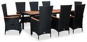 9 pcs conjunto jantar exterior com almofadões vime PE preto