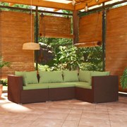 4 pcs conjunto lounge de jardim c/ almofadões vime PE castanho