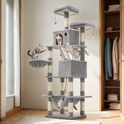 Arranhador para Gatos com 206 cm de altura, árvore para gatos, com 13 postes para arranhar Cinzento claro