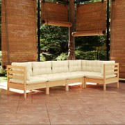 vidaXL 5 pcs conjunto lounge de jardim c/ almofadões cor creme pinho