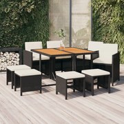 vidaXL 9 pcs conjunto de jantar p/ jardim c/ almofadões vime PE preto