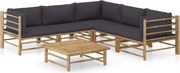 vidaXL 6 pcs conj. lounge jardim em bambu c/ almofadões cinza-escuro