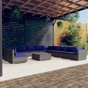 12 pcs conjunto lounge de jardim c/ almofadões vime PE cinza