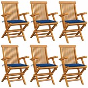 vidaXL Cadeiras de jardim c/ almofadões azul real 6 pcs teca maciça