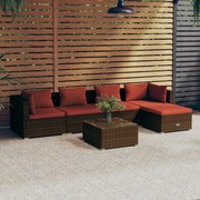 6 pcs conjunto lounge jardim c/ almofadões vime PE castanho