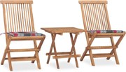 vidaXL 3 pcs conj. jantar dobrável exterior c/ almofadão teca maciça