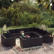 12 pcs conjunto lounge de jardim c/ almofadões vime PE preto