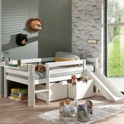 Conjunto Cama alta de Criança PINO 90 x 200 cm + estrado + escada + escorrega + conjunto de 2 gavetas e prateleira suspensa Branca