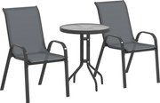 Outsunny Conjunto bistrô 3 peças Móveis de jardim à prova de intempéries com mesa de vidro Cadeiras de jardim empilháveis Cinza escuro | Aosom Portugal