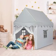 Tenda para crianças 120 x 105 x 140 cm Estrutura de madeira sólida e tapete de algodão, casa com loja, porta e janela cinza