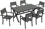 Outsunny Conjunto de Jantar Exterior 7 Peças para 6 Pessoas, Mesa e Cadeiras Empilháveis com Ripado Efeito Madeira, Estrutura em Alumínio, Cinza | Aosom Portugal