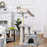 Arranhador para Gatos Altura 114 cm com Postes de Sisal 3 Plataformas Caverna e 2 Bolas Suspensas Cinza Claro