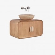 Conjunto De Móvel De Casa De Banho Suspenso 95x45 Cm Em Madeira De Manga E Pedra Natural Kivalina Travertino - Madeira De Mangueira & - Sklum