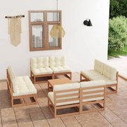 vidaXL 9 pcs conjunto lounge de jardim c/ almofadões pinho maciço
