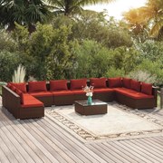 11 pcs conjunto lounge jardim c/ almofadões vime PE castanho