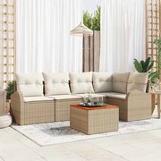vidaXL Conjunto de Sofá para Jardim 6 Peças com Almofadas Beiges em Ráton Sintético e Acácia