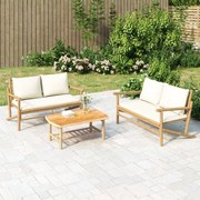 3 pcs conjunto lounge de jardim bambu c/ almofadões branco nata