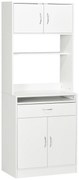 HOMCOM Armário de Cozinha com 4 Portas Bandeja Amovível Prateleira Ajustável Gaveta e Bancada para Micro-Ondas 70x40x180 cm Branco