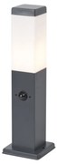 Candeeiro de exterior cinza escuro com vidro opalino 45cm IP44 com tomada e sensor de movimento - Malios Moderno