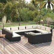 12 pcs conjunto lounge de jardim c/ almofadões vime PE preto