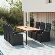 7 pcs conjunto de jantar p/ jardim vime PE/acácia maciça preto