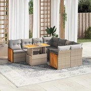 vidaXL 9 pcs conjunto sofás jardim com almofadões vime PE/acácia bege