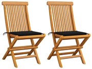 vidaXL Cadeiras de jardim c/ almofadões pretos 2 pcs teca maciça
