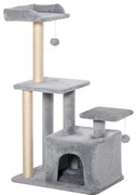 PawHut Arranhador para Gatos Altura 114 cm com Postes de Sisal 3 Plataformas Caverna e 2 Bolas Suspensas Cinza Claro