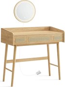 Penteadeira com espelho e luminária, coleção BOHOVEN da SONGMICS HOME, 3 gavetas, penteadeira em imitação de vime, luminária ajustável com 3 tons de cor, estilo boêmio, quarto, carvalho bege