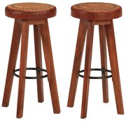 vidaXL Bancos de bar 2 pcs madeira de acácia maciça e couro genuíno