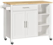 HOMCOM Ilha de Cozinha Carrinho de Cozinha com Rodas 1 Gaveta 2 Portas 3 Prateleiras Abertas e Barra lateral 107,5x48x89cm Branco | Aosom Portugal