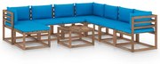 9 pcs conjunto lounge para jardim com almofadões azul-claro