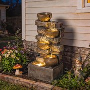 Fonte de Jardim com Iluminação LED e Bomba, Fonte Decorativa em Cascata de 5 Níveis, Fluxo Ajustável, Castanho Rústico