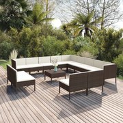 vidaXL 14 pcs conjunto lounge jardim c/ almofadões vime PE castanho
