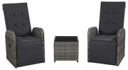 vidaXL 3 pcs conjunto bistrô com almofadões vime PE cinzento