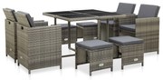 vidaXL 9 pcs conjunto jantar exterior c/ almofadões vime PE cinzento