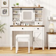 Toucador de maquilhagem com espelho, Banco e luzes Gavetas ajustáveis e Estantes 107 x 40 x 138 cm Branco + Castanho rústico