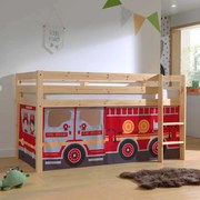 Cama alta de Criança PINO 90 x 200 cm + estrado + escada + cortina Bombeiros Natural