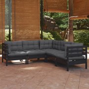 5 pcs conjunto lounge jardim c/ almofadões pinho maciço preto