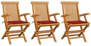 vidaXL Cadeiras de jardim c/ almofadões vermelhos 3 pcs teca maciça