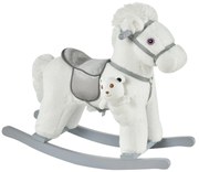 HOMCOM Cavalo Baloiço para Crianças de 18-36 Meses Cavalo de Balançar com Ursinho de Pelúcia Sons de Relinchos e Galopes base de Madeira 65x26x55cm Branco