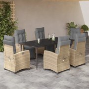 7 pcs conj. jantar jardim c/ almofadões vime PE bege misturado