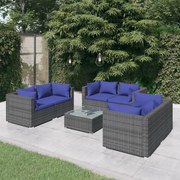 7 pcs conjunto lounge de jardim c/ almofadões vime PE cinza