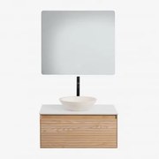 Conjunto De Móvel De Casa De Banho Em Madeira De Freixo Tedrik Castanho Fresno & Cimento Redondo Branco Ø40 Cm Zavion & Led - Sklum