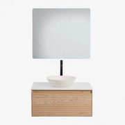Conjunto De Móvel De Casa De Banho Suspenso Em Madeira De Freixo Tedrik Castanho Fresno & Cimento Redondo Branco Ø40 Cm Zavion & Led - Sklum