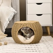 Cama para gatos com 2 níveis, em resina trançada com aspeto de vime, com 1 almofada macia Ø 40 x 30 cm, castanho claro