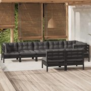 8 pcs conjunto lounge jardim c/ almofadões pinho maciço preto