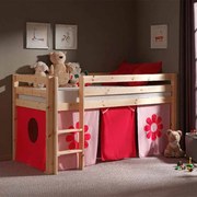 Conjunto Cama alta de Criança PINO 90 x 200 cm + estrado + escada + cortina Flores Natural